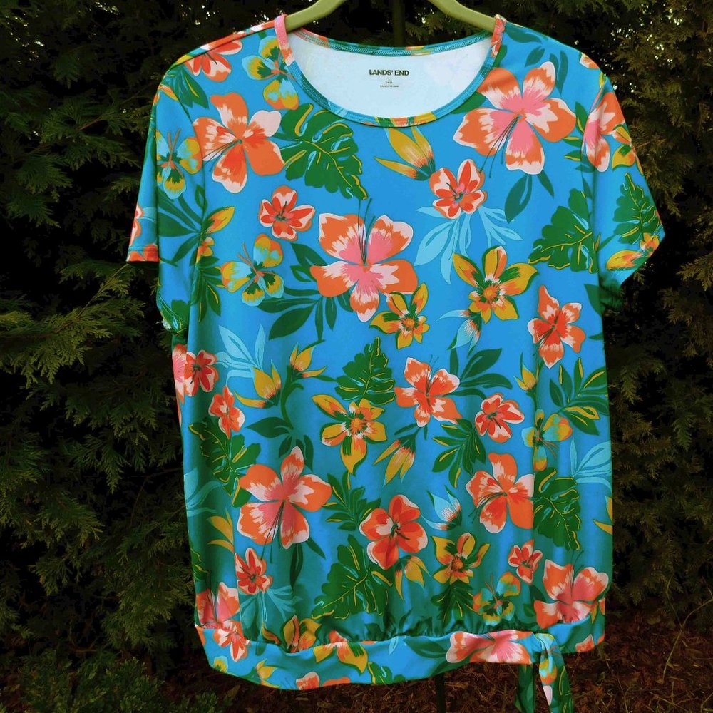 Lands' End Plus Sz-14/16 Bright Tropical Print Short Sleeve Top with Bottom Tie